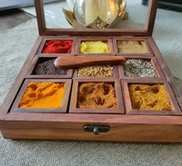 Handicrafts Spice Box with Spoon in Sheesham Wood,Container with Lid Handmade/ 9 containers, Pack of 1 