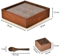 Handicrafts Spice Box with Spoon in Sheesham Wood,Container with Lid Handmade/ 9 containers, Pack of 1 