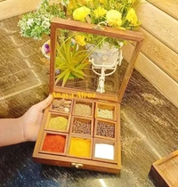 Handicrafts Spice Box with Spoon in Sheesham Wood,Container with Lid Handmade/ 9 containers, Pack of 1 