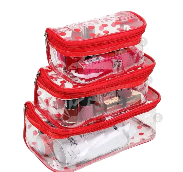 Pack of 3 Red Dot  Printed Bridal Organizer, Makeup Kit, Storage Case, Transparent Vanity Box