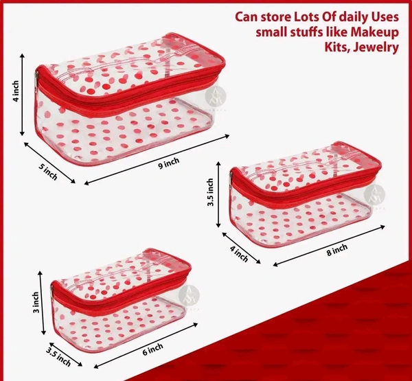 Pack of 3 Red Dot  Printed Bridal Organizer, Makeup Kit, Storage Case, Transparent Vanity Box