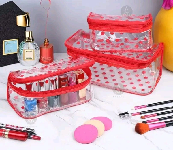 Pack of 3 Red Dot  Printed Bridal Organizer, Makeup Kit, Storage Case, Transparent Vanity Box