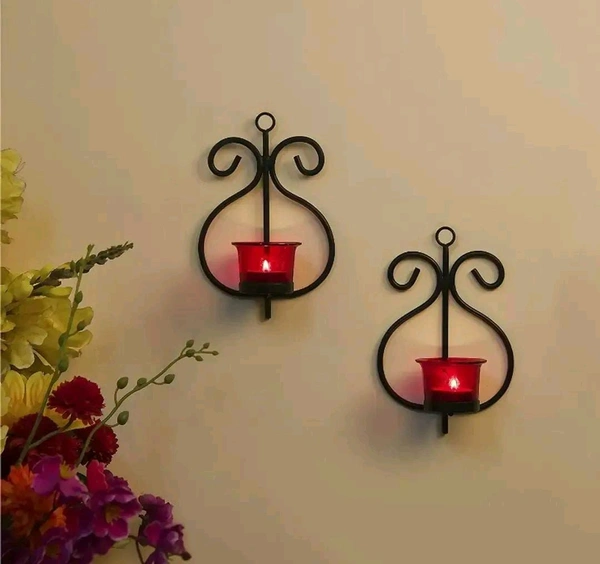 Stylish Red Glass  Iron Tealight Candle Holder wall Hanging(Pack Of 2) - 2