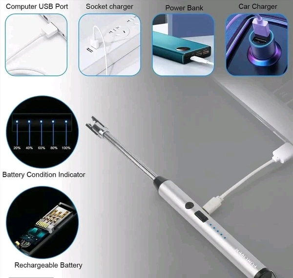 Silver Electric Gas Lighter for Kitchen Use Candle Lighter Plasma Lighter