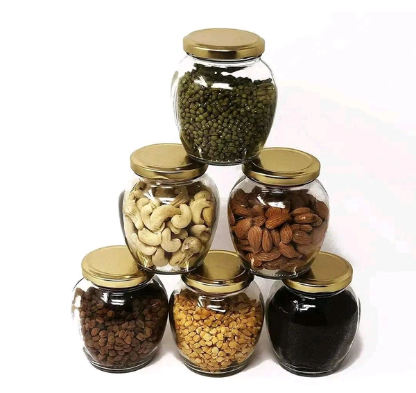 Matka Glass Jar Container for Kitchen Storage with Air Tight Lid, Golden, 400ml (Set of 6)