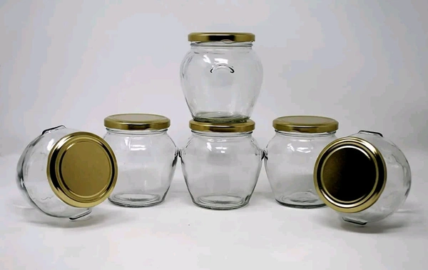 Matka Glass Jar Container for Kitchen Storage with Air Tight Lid, Golden, 400ml (Set of 6)