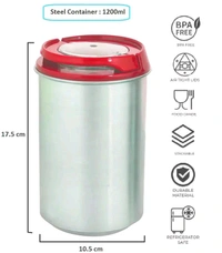 Steel Airtight Containers Set For Kitchen Storage, 1200ml, Set of 2 (Red)