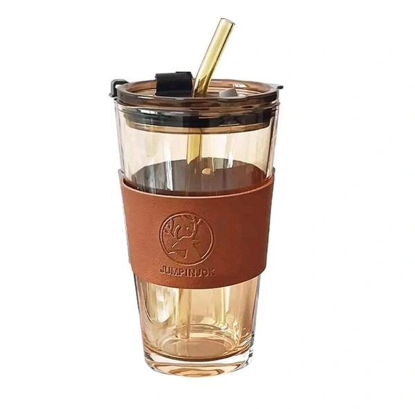Leather Sleeve Glass Coffee Mug with Straw (470ML, , 1Pcs)