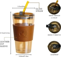Leather Sleeve Glass Coffee Mug with Straw (470ML, , 1Pcs)