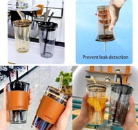 Leather Sleeve Glass Coffee Mug with Straw (470ML, , 1Pcs)