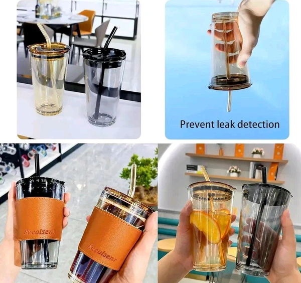 Leather Sleeve Glass Coffee Mug with Straw (470ML, , 1Pcs)