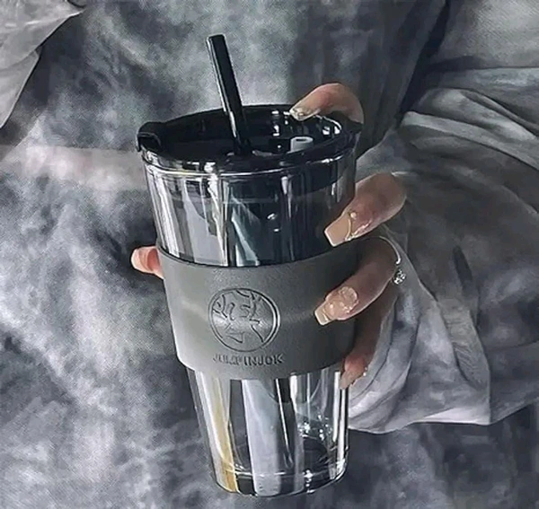 Leather Sleeve Glass Coffee Mug with Straw (470ML, , 1Pcs)