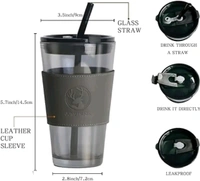 Leather Sleeve Glass Coffee Mug with Straw (470ML, , 1Pcs)