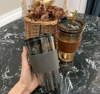 Leather Sleeve Glass Coffee Mug with Straw (470ML, , 1Pcs)