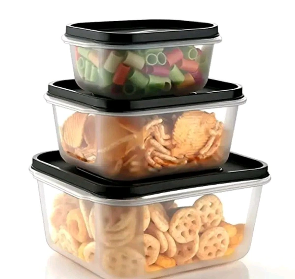 3 Pcs Square Shape Food Grocery Storage Container Black