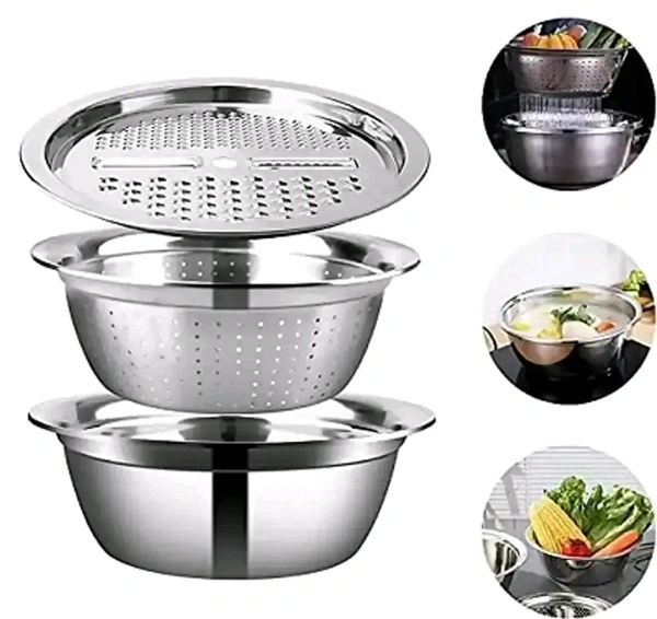 3 In 1 Stainless Steel Basin Grater Colander With Lids