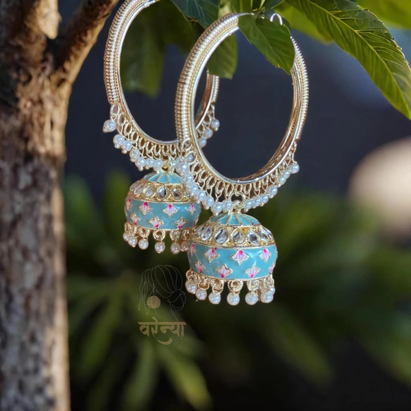 Meenakari Bali Jhumka Earrings - Free, Pastel Blue