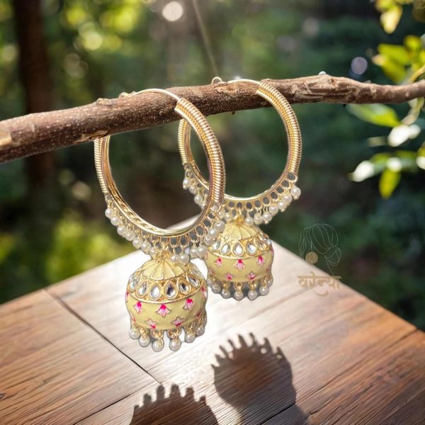 Meenakari Bali Jhumka Earrings - Free, Pastel Yellow