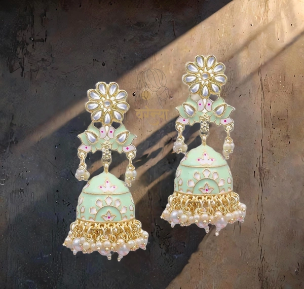 Floral Stone-Studded Meenakari Pista Green Jhumka - Free, Pista green