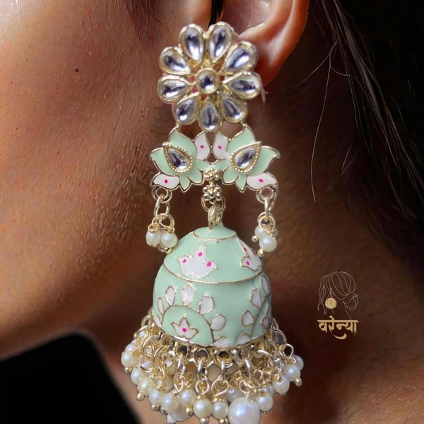 Floral Stone-Studded Meenakari Pista Green Jhumka - Free, Pista green