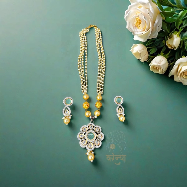Varenya Mint Green Kundan Studded Necklace Set - Free, Mint Green