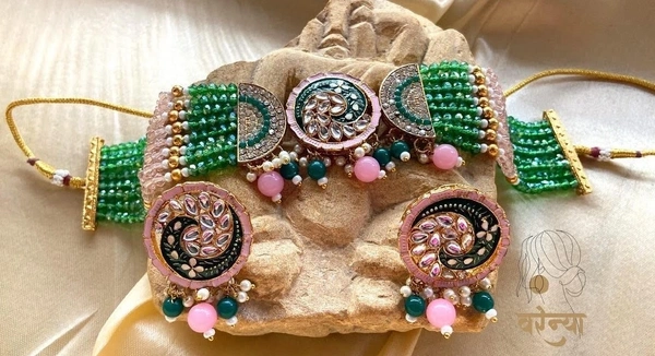Varenya Pachi Kundan Choker Set - Free, Mehndi Green