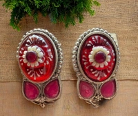 German Silver Tanjore Work Choker Necklace Set - Free, Ruby Red