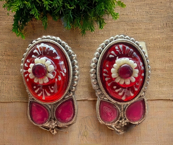German Silver Tanjore Work Choker Necklace Set - Free, Ruby Red