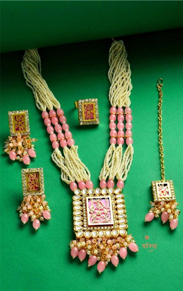 Kundan Studded Multistranded brasswork necklace set - Light Pink