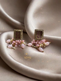 Kundan Studded Multistranded brasswork necklace set - Light Pink