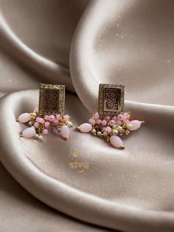 Kundan Studded Multistranded brasswork necklace set - Light Pink