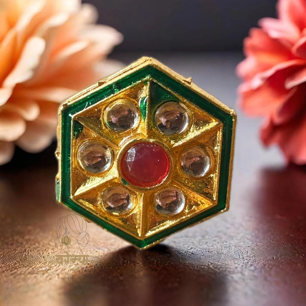 Gold Plated Kundan Meenakari Adjustable Finger Ring - Free, Golden