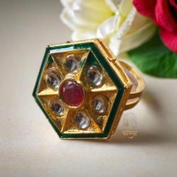 Gold Plated Kundan Meenakari Adjustable Finger Ring - Free, Golden