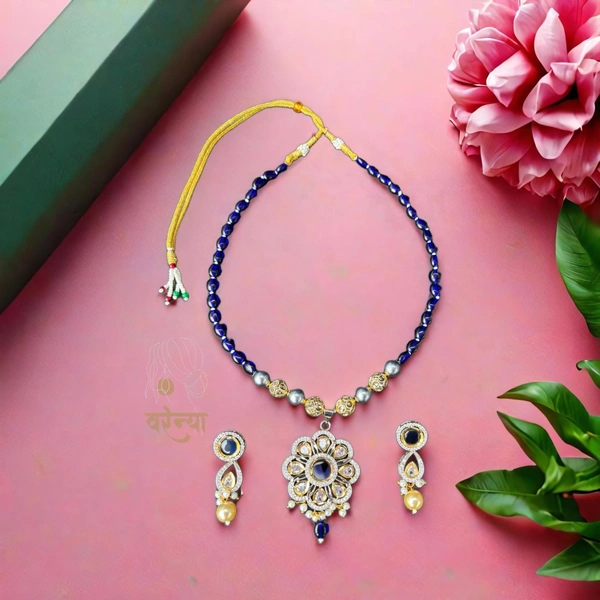 Varenya Blue Kundan & Semi-precious stones Necklace Set - Free, Navy Blue