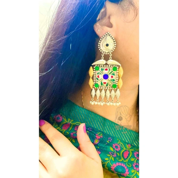 German Silver Dual Tone Hand-Painted Brass Earrings with Stones - Green