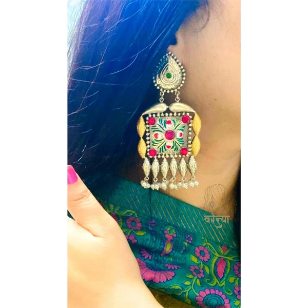 German Silver Dual Tone Hand-Painted Brass Earrings with Stones - Free, Ruby Red