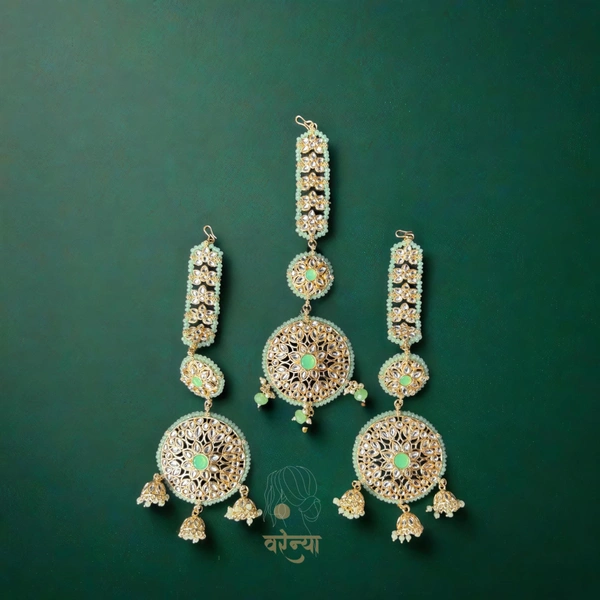 Varenya Gold Plated Kundan And Pearl Designer Dangler Earrings With Maang Tikka - Free, Mint Green