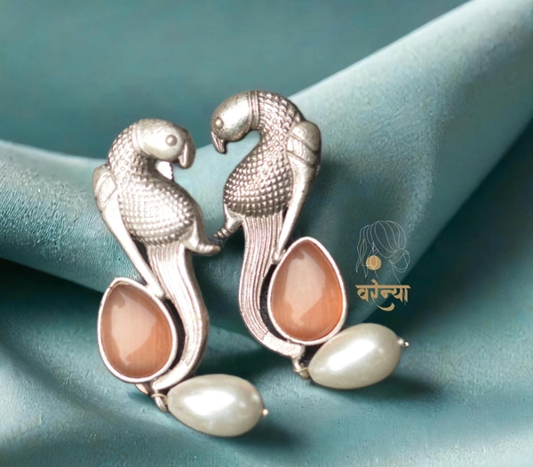 Varenya Parrot Silver Replica Earrings - Free, Peach