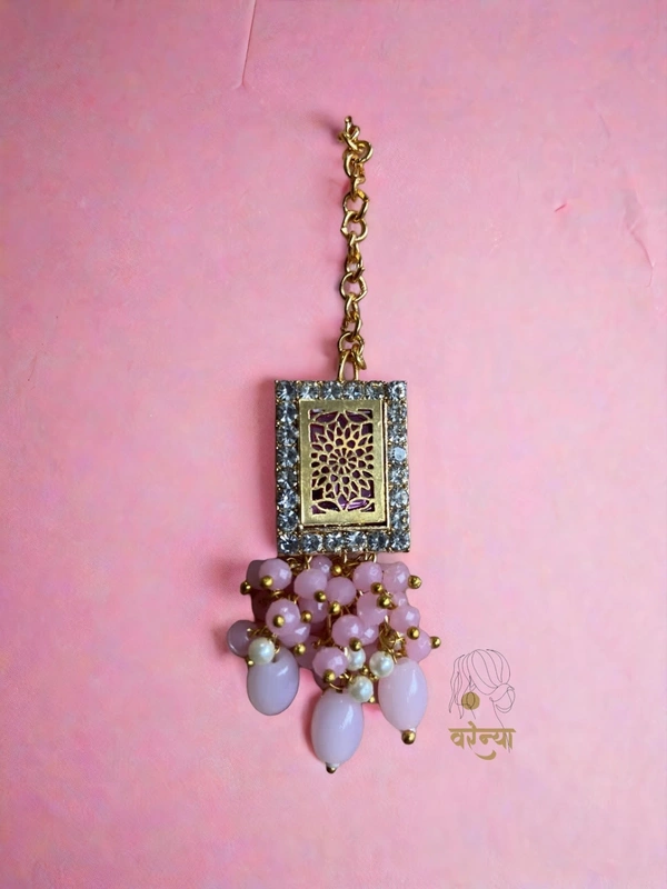 Kundan Studded Multistranded brasswork necklace set - Light Pink