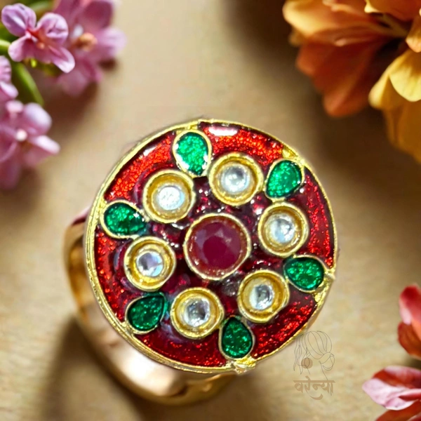 Gold Plated Kundan Meenakari Adjustable Finger Ring - Free, Milano Red