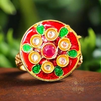 Gold Plated Kundan Meenakari Adjustable Finger Ring - Free, Milano Red