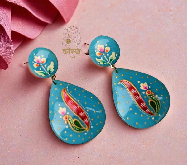 Hand-painted Tanjore Earrings - Turquoise Blue