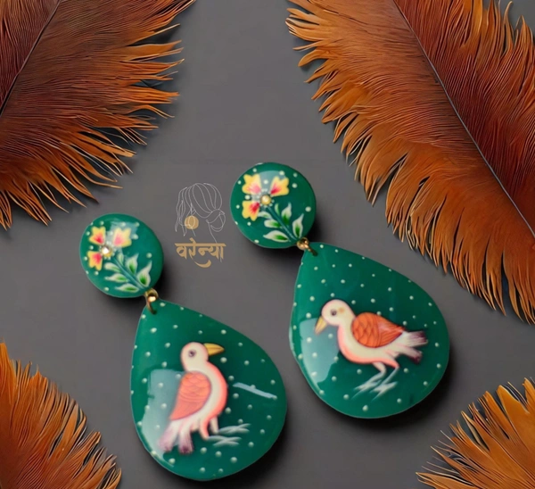 Hand-painted Tanjore Earrings - Free, Dark Green
