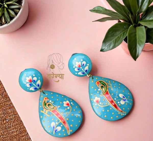 Hand-painted Tanjore Earrings - Free, Turquoise Blue