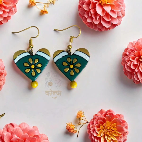Earthy Elegance-Handmade Terracotta Earrings - Free, Dark Green