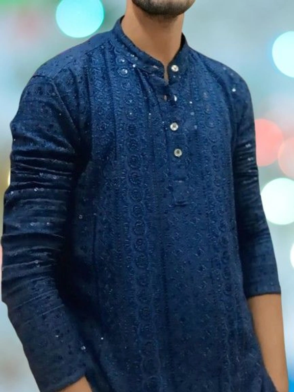 Embroidered Mirror Work Kurta Only Men's Lucknowi - Navy Blue, L