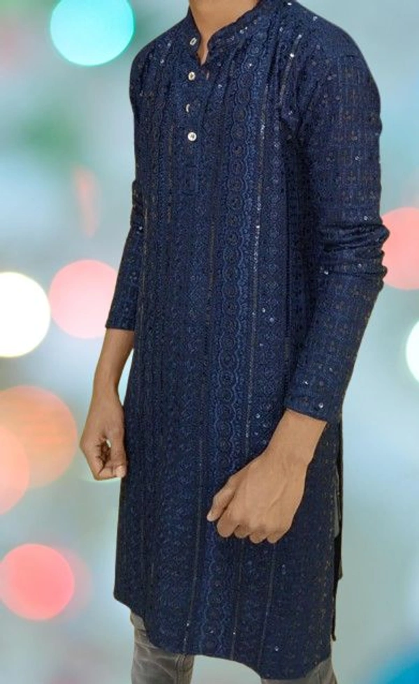Embroidered Mirror Work Kurta Only Men's Lucknowi - Navy Blue, L