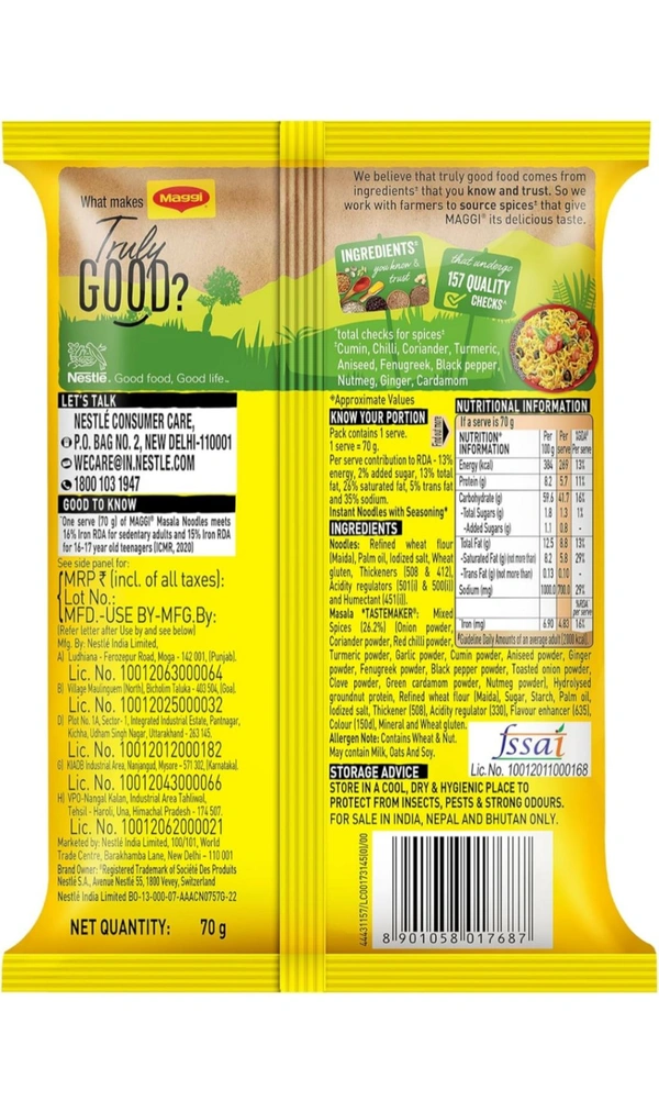 MAGGI 2-Minute Instant Noodles,Masala Noodles With Goodness Of Iron,Made With Choicest Quality Spices,Favourite Masala Taste, 70g Pouch.