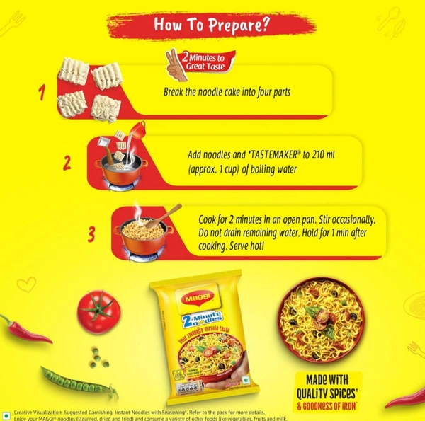 MAGGI 2-Minute Instant Noodles,Masala Noodles With Goodness Of Iron,Made With Choicest Quality Spices,Favourite Masala Taste, 70g Pouch.