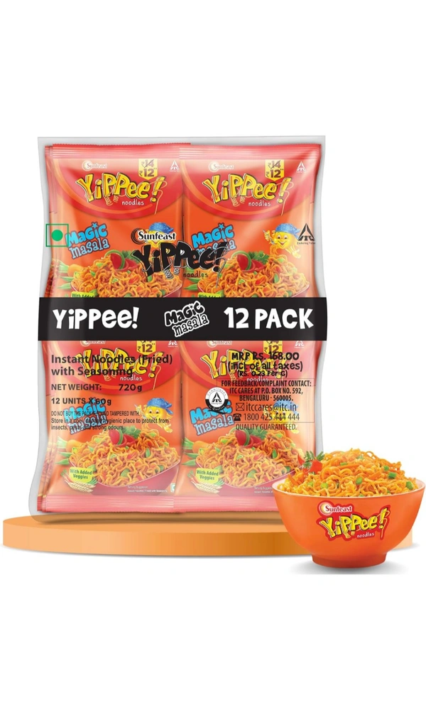 SUNFEAST Sunfeast YiPPee! Magic Masala, Long, Non-Sticky Instant Noodles | With Real Vegetables 12 in 1 Pack | 720 gram/840g (weight may vary)